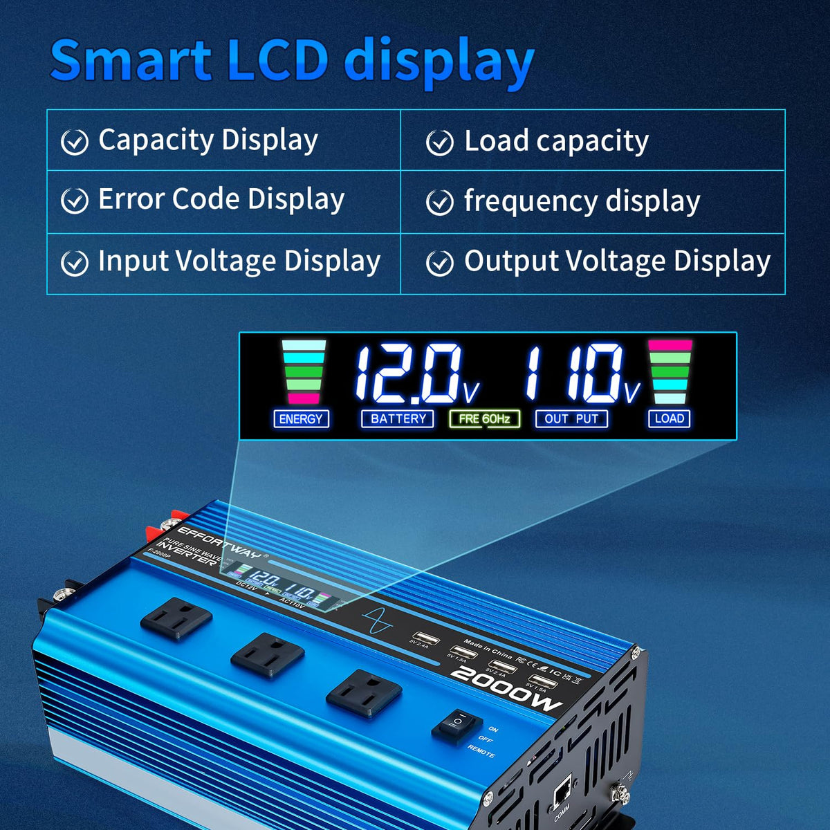2000W Pure sine Wave Inverter 4000W (Peak) DC 12V to AC 110V/120V Converter with LCD Display Wireless/Wired Remote Control 3AC Outlets and 4USB for Camping RV Travel Off-Grid Solar Systems