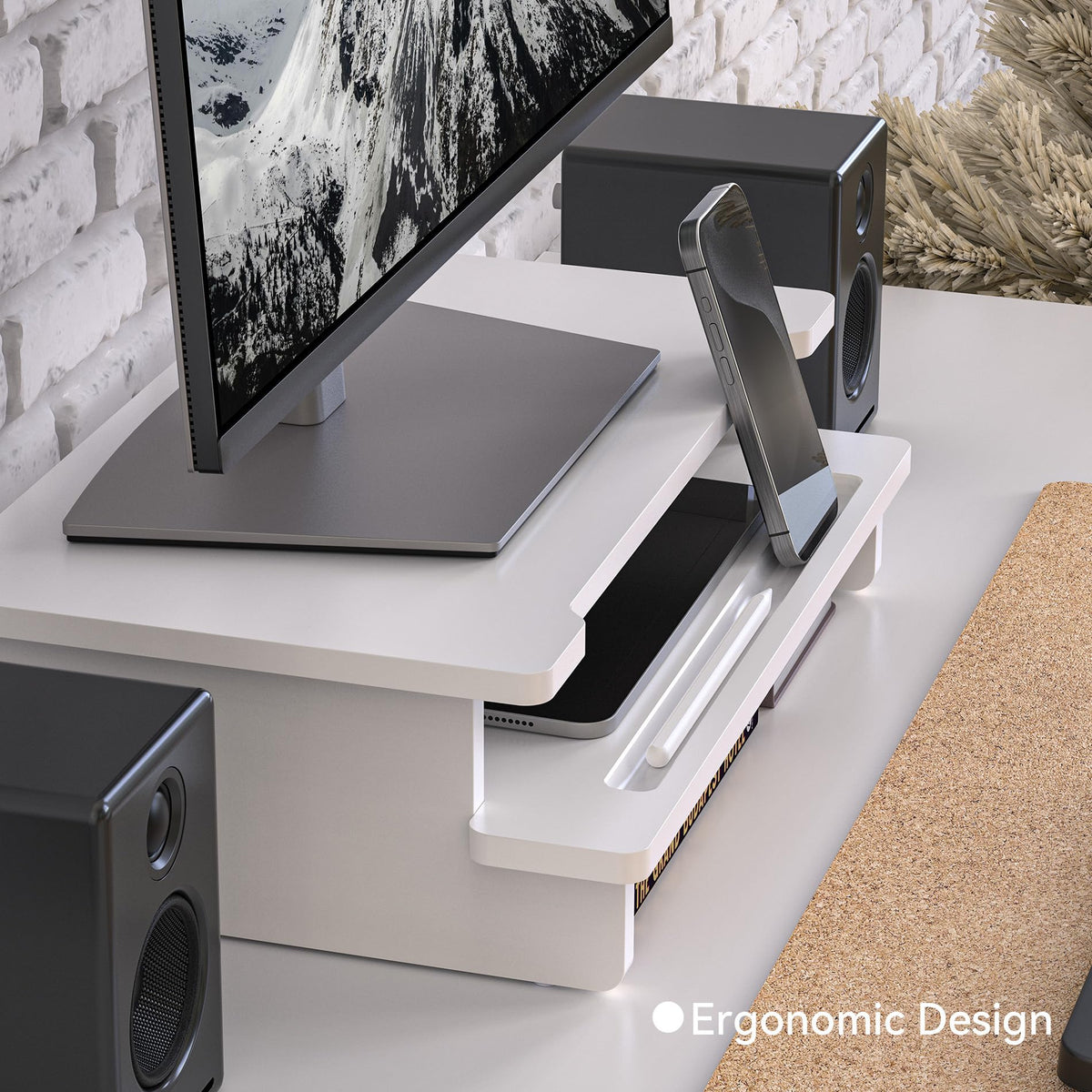 WELL WENG Computer Monitor Stand Riser, 16.5 Inch Wood Desk Shelf Storage Organizer with Phone Tablet Holder, White