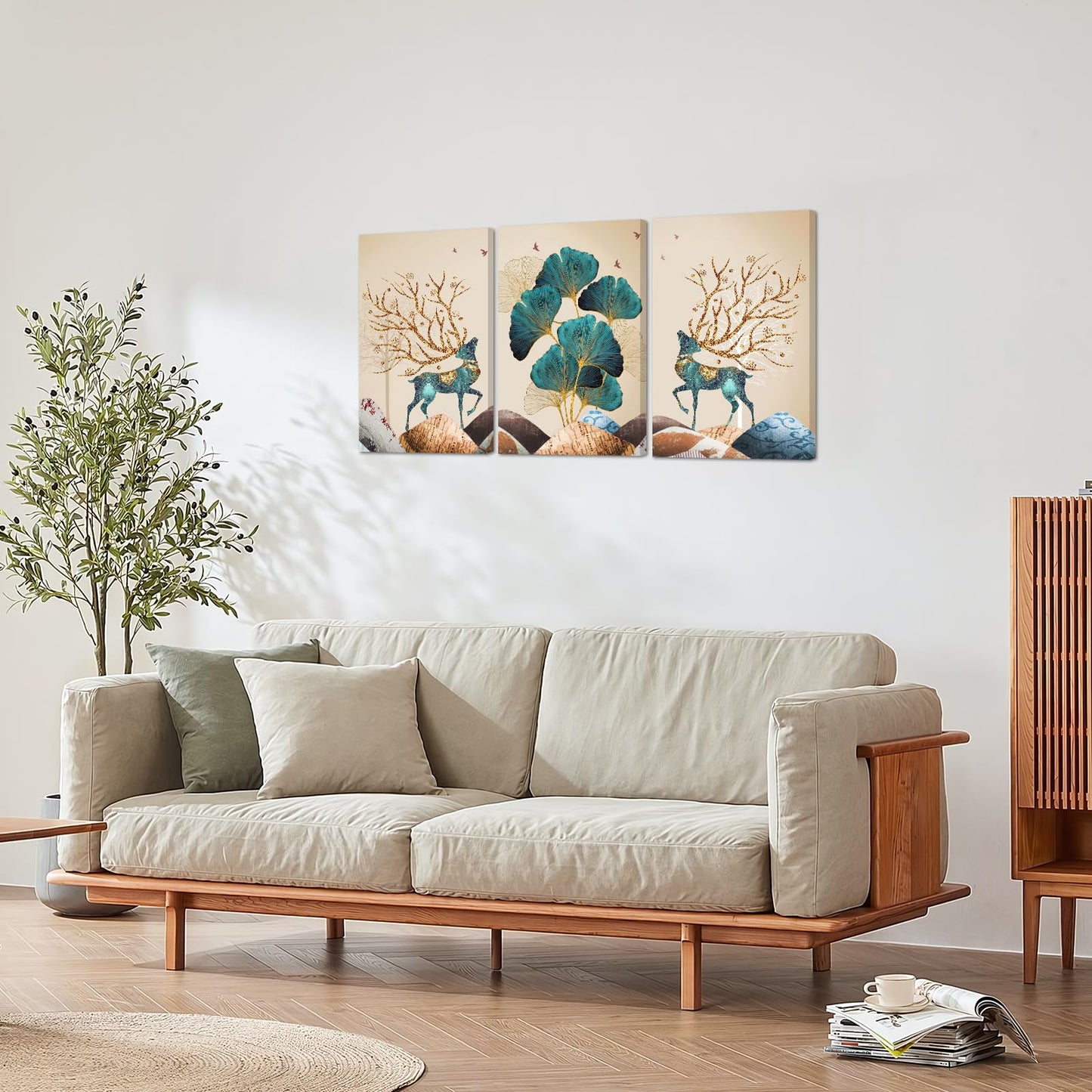 Innvafeli Canvas Painting Wall Art, Ginkgo Elk Modern Wall Art Decoration Posters Prints for Living Room, Bedroom, Office Decor, Kitchen, Bathroom, Modern Wall Decor Paintings, Gallery-Wrapped Canvas Art Set Framed Ready to Hang