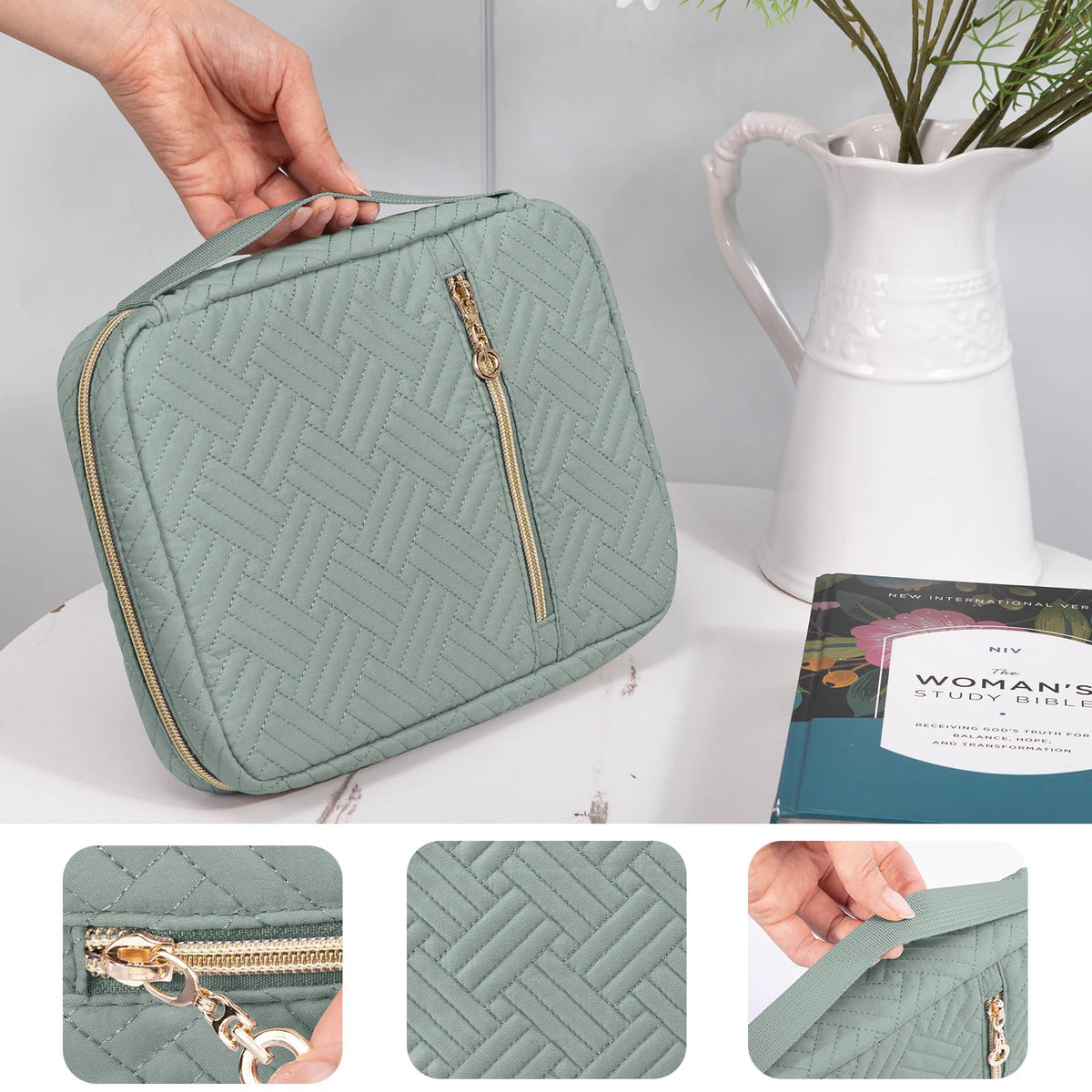 APLUFINE Quilted Bible Cover for Women, Large Bible Bag with Handle & Shoulder Strap, Bible Study Supplies Organizer, Zipper Bible Carrying Case, Christian Gift Book Cover Fits 9 x 6 Bible
