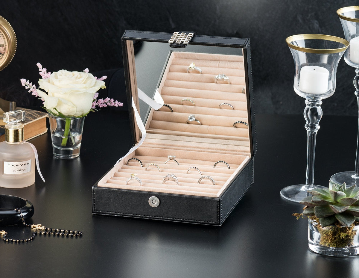 Glenor Co Ring Box Organizer - 54 Slot Classic Jewelry Display Case Holder - Storage Tray with Modern Buckle Closure, Large Mirror - for Rings and Cufflinks - Small for Travel - PU leather - Black