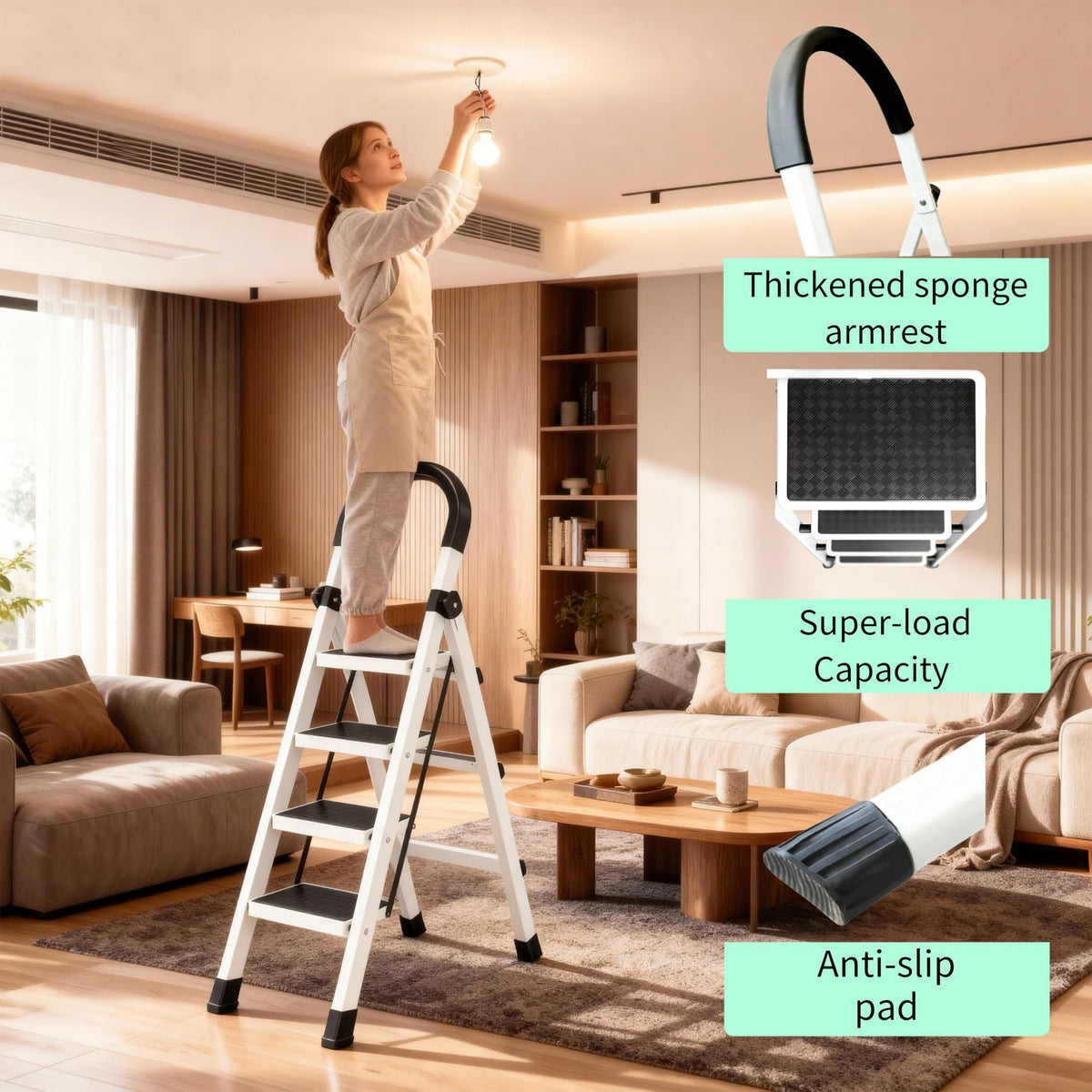 4 Step Folding Ladder, Portable and Compact, Anti-Slip Multi-Use Household Step Ladder for Home, Kitchen, Office, and Garage – Easy Storage, Sturdy and Durable