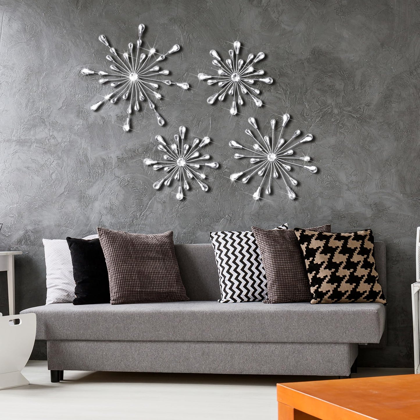 Hicarer 4pcs 3D Silver Metal Starburst Wall Decor Bling Crystal Wall Art Cast Iron Rhinestones Sunburst Decor Jeweled Hanging Glitter Diamond Accents Home Decorative for Living Room Bedroom Entryway