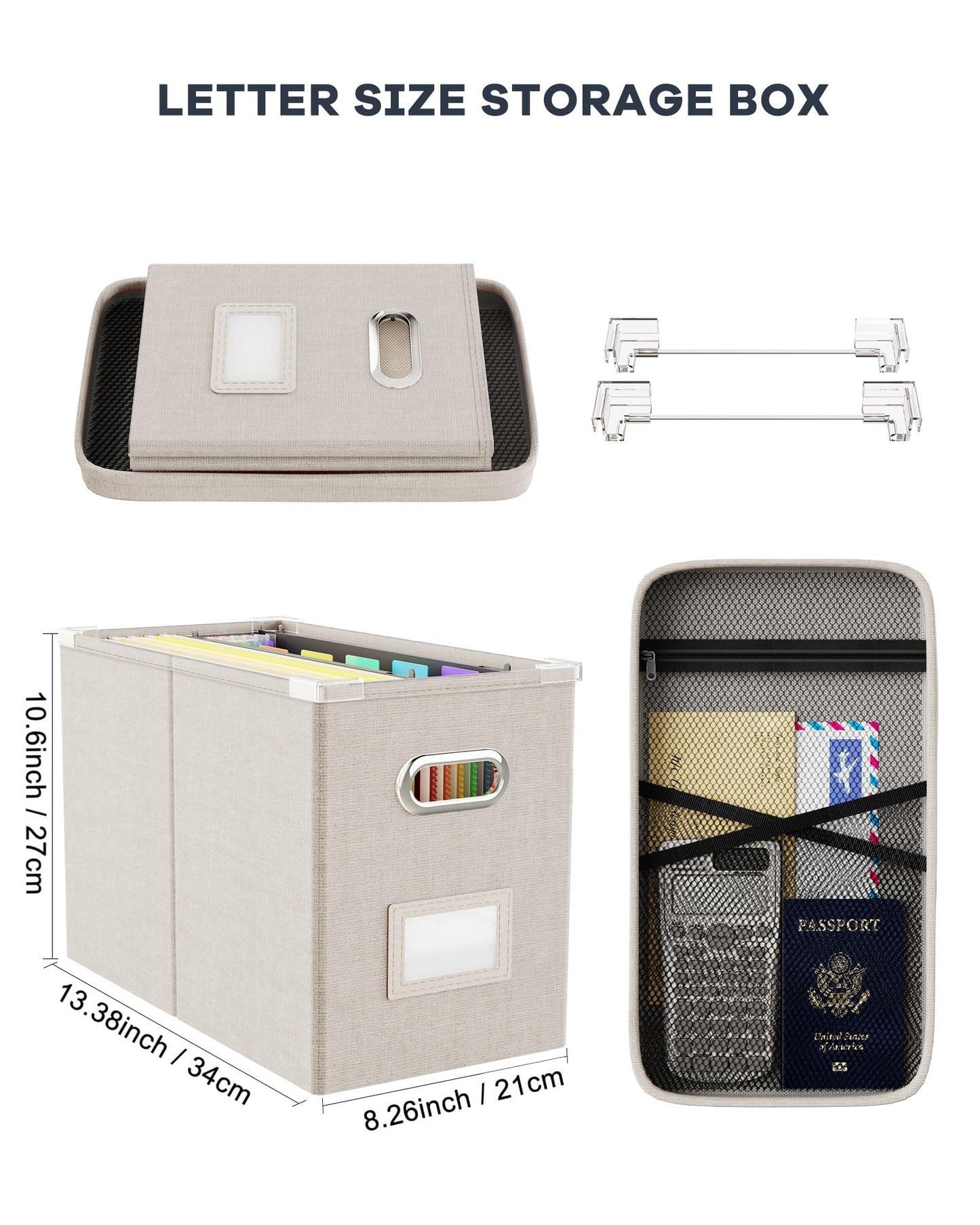 Oterri File Organizer Box with Lid, Hanging Filing File Box with Mesh Pocket, Document Organizer Box for Letter Files, Portable Storage Box with Smooth Sliding Rail for Office&Home (1 PCS, Beige)