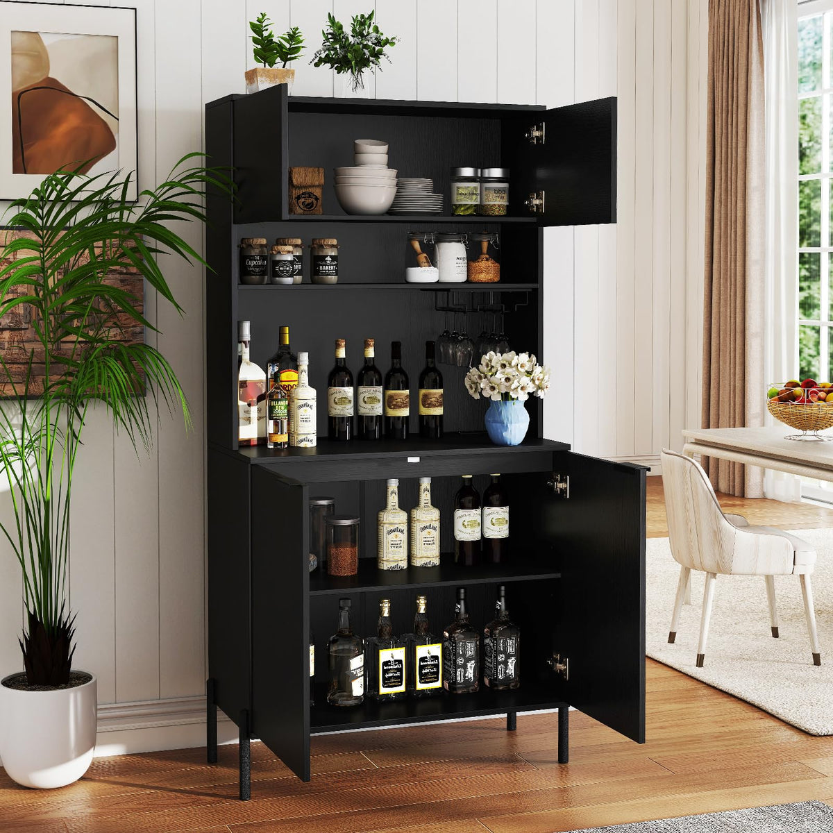 Giantex 64.5" Kitchen Pantry Cabinet with Charging Station, Tall Buffet Hutch with Storage Cabinets, Adjustable Shelf, Wine Racks, Modern Sideboard for Dining Room, Living Room, Coffee Bar, Black