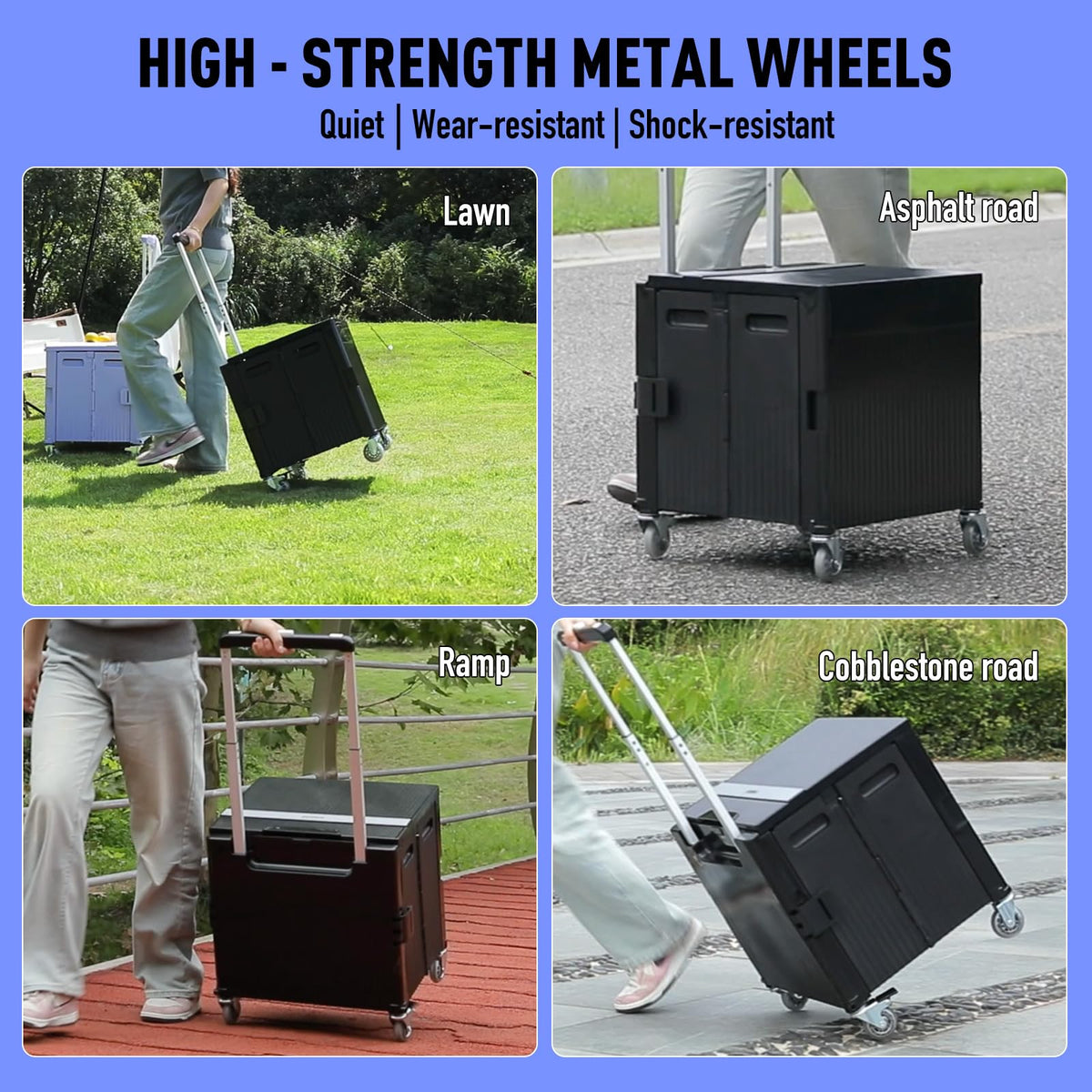 Folding Utility Cart Portable Rolling Crate Handcart Shopping Trolley Collapsible Tool Box, with Lid, on Rotate Wheels, for Grocery, Shopping, Office, Teacher, Camp,File (Black)