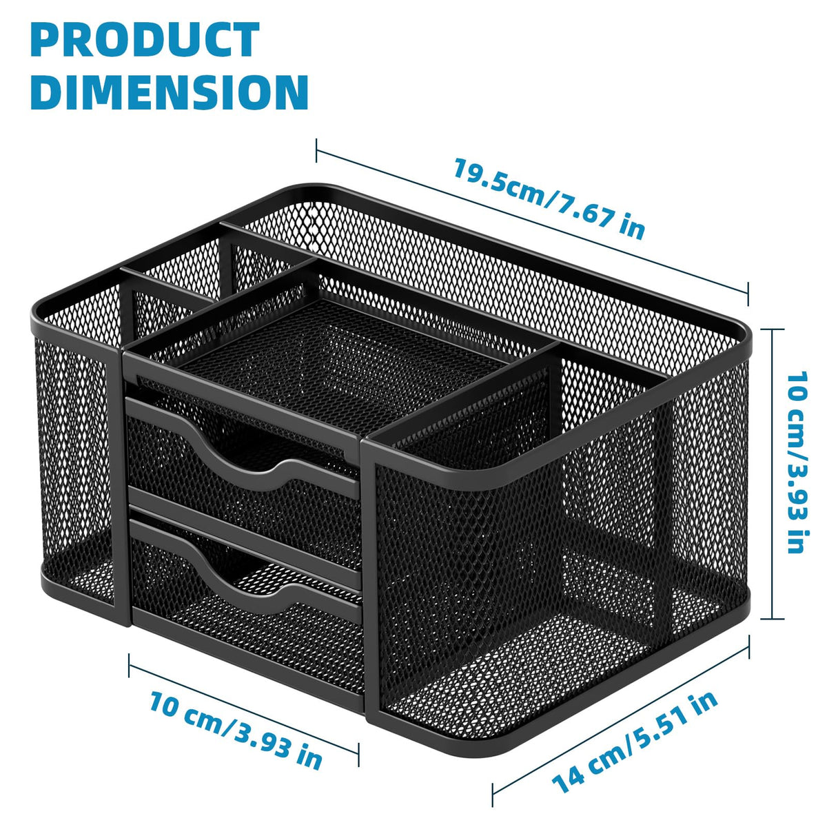 Marbrasse Mesh Desk Organizer, Pen Organizer with 2 Drawer, Multi-Functional Pencil Holder, Desk Organizers and Accessories with 5 Compartments + Drawer for Office Art Supplies (Black)