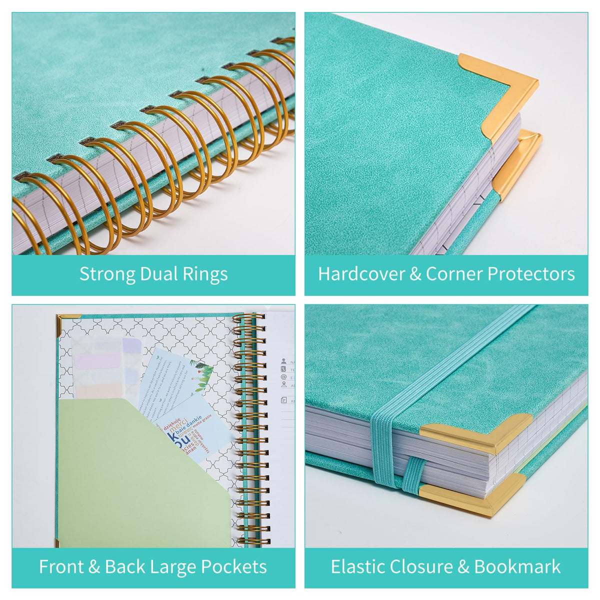 Spiral Notebook, 365 Page Hardcover Leather Notebook Journal, Large B5 Lined Journal for Women Men, College Ruled Notebooks for Work School, Journals for Writing, 24pcs Index Tabs, 8" x 10", Teal