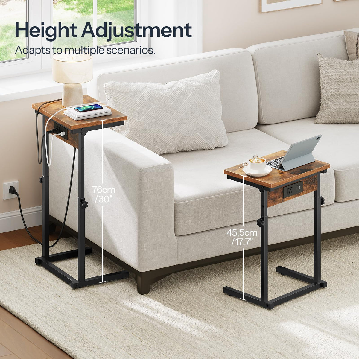 HOOBRO C-Shaped End Table with Charging Station, Adjustable Height Sofa Tray Side Table, Slide Under Couch Arm Table, Small C Side Table for Small Space in Living Room, Bedroom, Rustic Brown BF71USF01