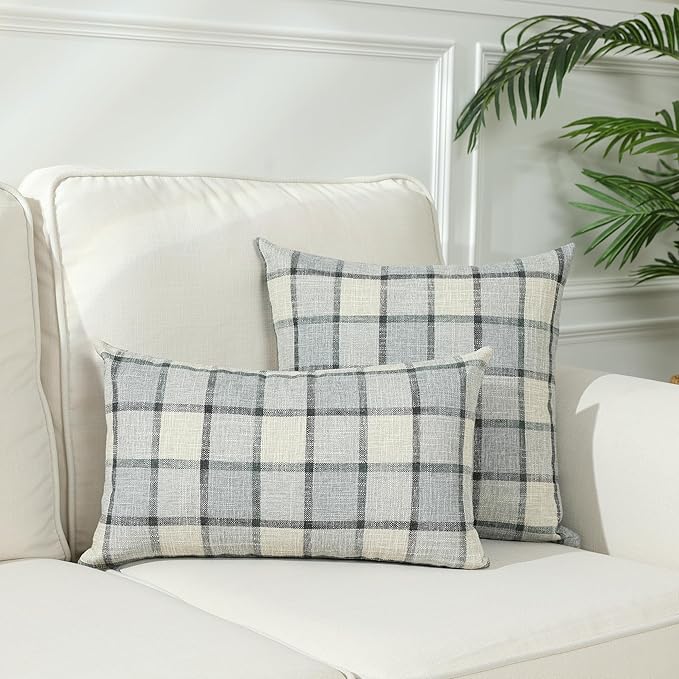Stellhome Pack of 2 Lumbar Linen Buffalo Check Throw Pillow Covers Farmhouse