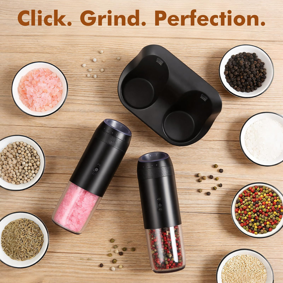 Electric Salt and Pepper Grinder Set, Automatic Gravity Sensor Grinder with Rechargeable Base, External Adjustable Coarseness (6 Levels), LED Light, Automatic Shakers for Kitchen & Outdoor