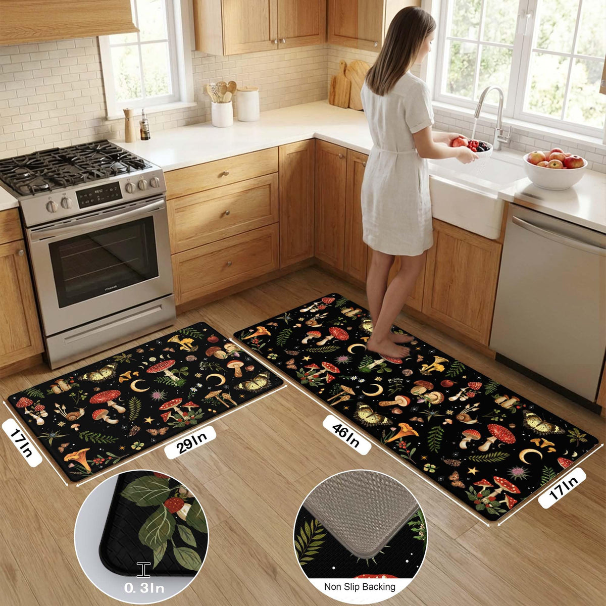 Zussun Mushroom Rug Kitchen Mats for Floor Cushioned Anti Fatigue Kitchen Rugs Sets of 2, Non Slip Waterproof Black Kitchen Floor Mat, Comfort Memory Foam Standing Mat for Office Laundry Sink Desk