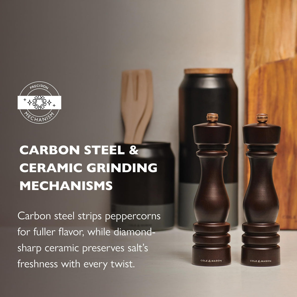 Cole & Mason London Refillable Spice Mill - Kitchen & Home Accessory - Salt & Pepper Grinder Set - Salt Mill with Ceramic Mechanism - Pepper Mill with Carbon Steel Mechanism - 8", Chocolate Wood