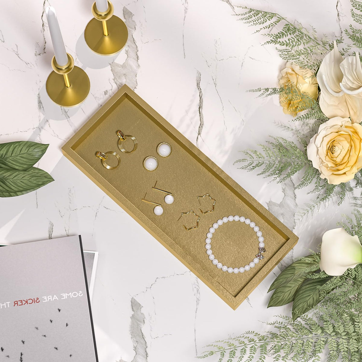 ZHWS Gold Bathroom Vanity Tray for Soap Dispenser, Perfume, Jewelry, Candle, Makeup, Decor, Toilet Tank Tray, Kitchen Tray for Spice, Salt, Coffee 11.3”L x 4.4”W x 1.14”H