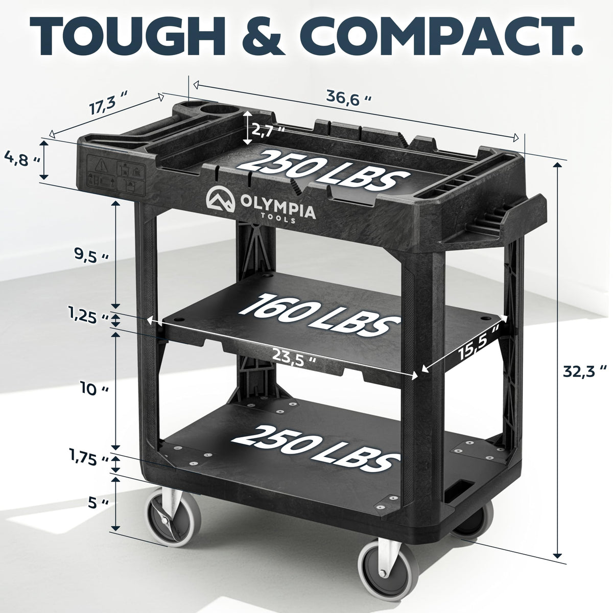 Olympia Tools Heavy Duty Utility Work Cart | 2 in 1 Convertible 3 Shelf to Flat Top Workstation | 660 lb Capacity, HDPE Frame, Ladder Hook, 4 Swivel Wheels | Tool Carts for Garage & Maintenance