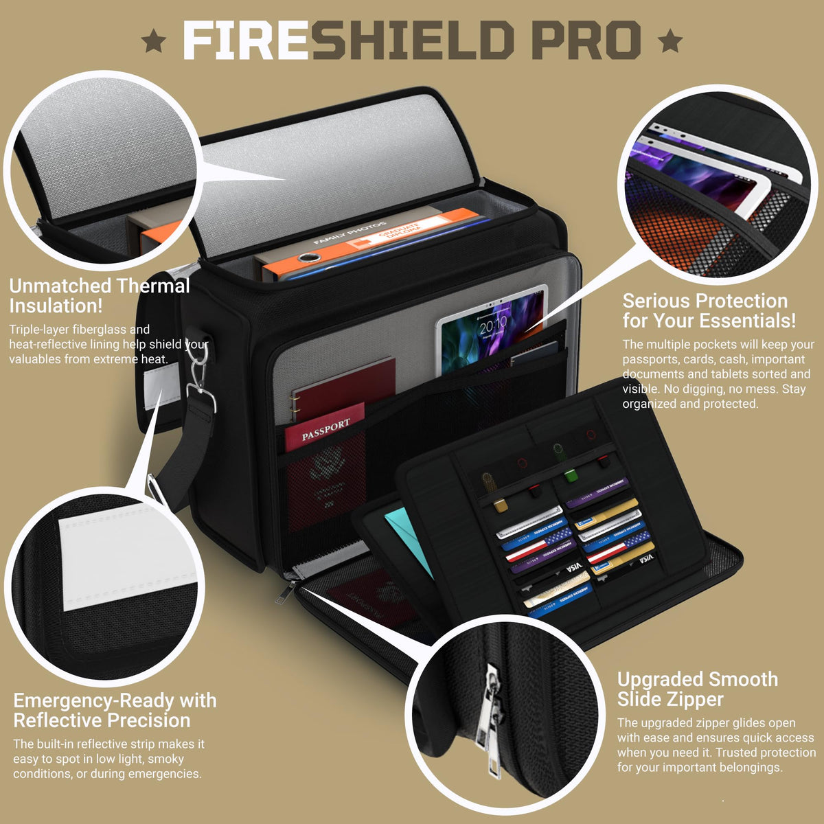 FIRESHIELD PRO 5200°F Fireproof Document Bag – Portable Water Resistant Briefcase /w Shoulder Strap, Tablet & Card Organizer – Multi-Pocket Storage for Travel, Home or Office – 17" x 12.5" x 7.2"
