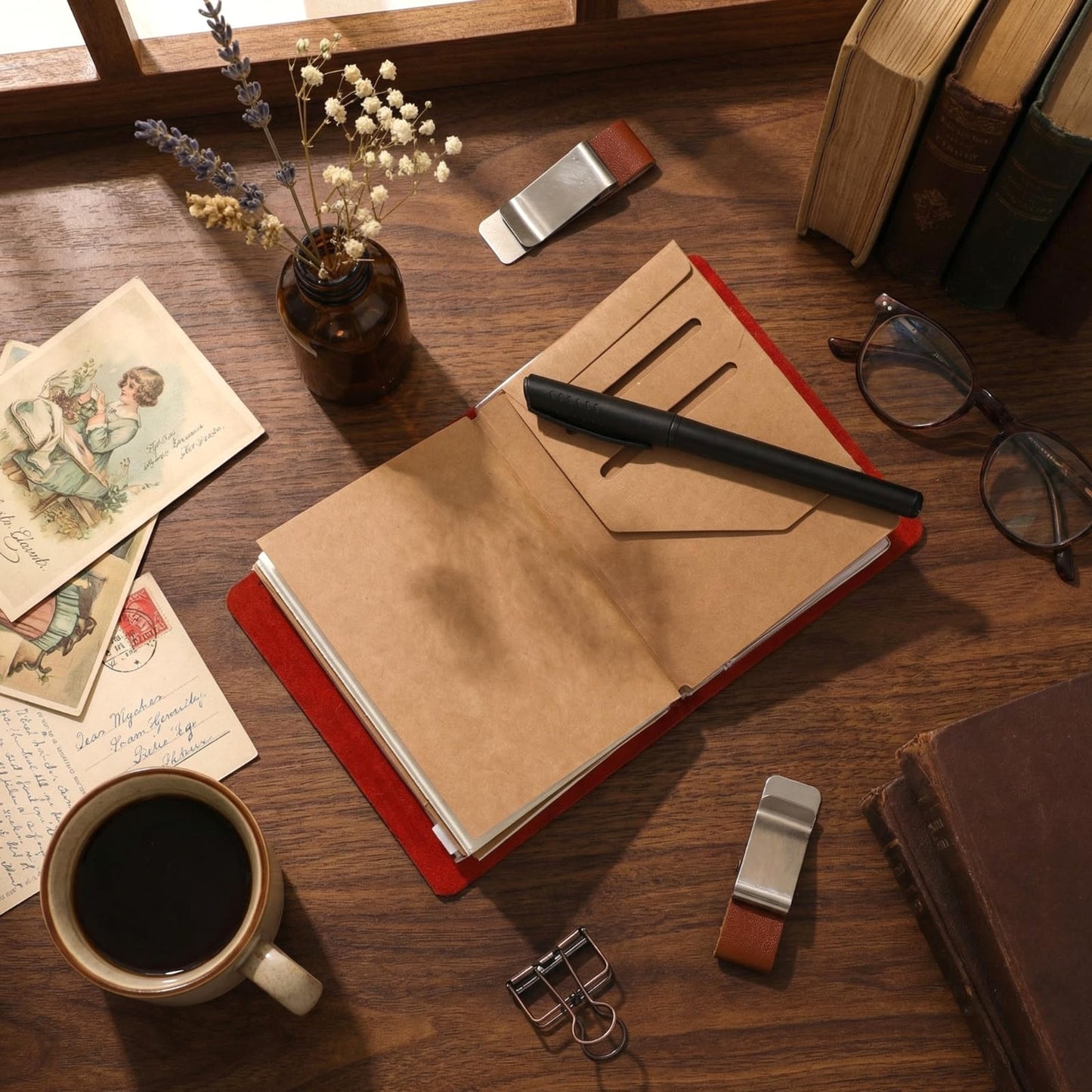 Thenshop Travelers Refillable Leather Journal Notebook Travel Diary Handmade Passport Travelers Journal for Men and Women with 3 Notebook Inserts, Pen Holder, Binder Clip(Wine Red,Passport Size)