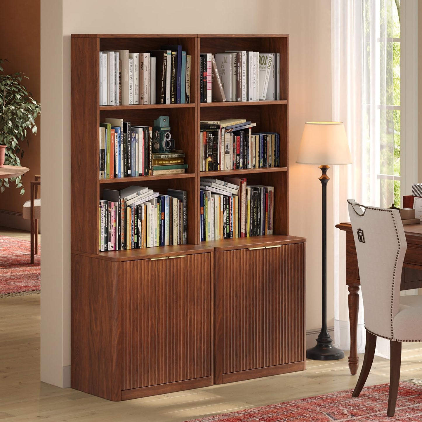 Hootata 71" Walnut Bookcase with Doors, 5 Tier Fluted Tall Bookshelf with Storage, Librero with Cabinet for Home Office, Living Room,or Bedroom