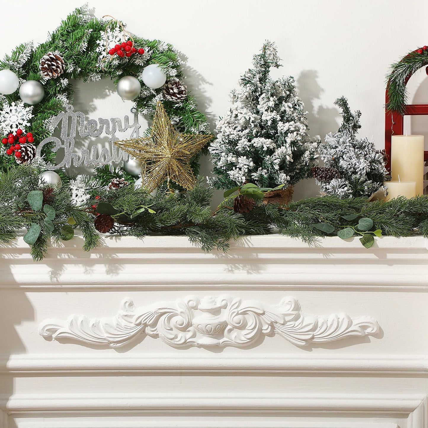 XunYee 6 Feet Christmas Cedar Garland, Realistic Pine Needles Garland with Cones and Eucalyptus Leaves, Artificial Greenery for Mantle, Stair, Doorway, or Xmas Holiday Decoration