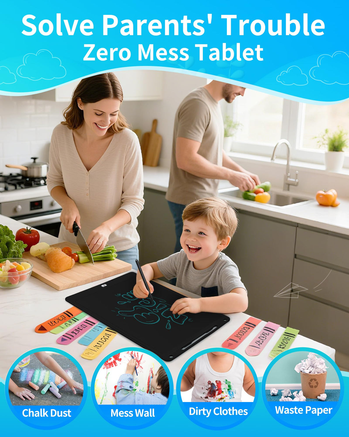 Magnetic LCD Writing Tablet for Fridge,16 Inch Large Drawing Tablet, Drawing Pads for Kids, Reusable Whiteboard for Fridge, Reusable Writing Board for to-Do Lists and Family Messages (Black)
