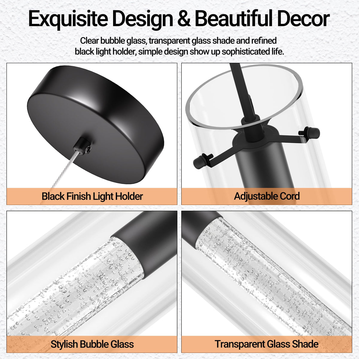 Esfos Pendant Ceiling Light Fixture, 6500K LED Kitchen Lighting Crystal Pendant Lights Kitchen Island Brushed Black, Glass Kitchen Hanging Light Fixture Modern Island Light with Crystal Bubble 3 Pack