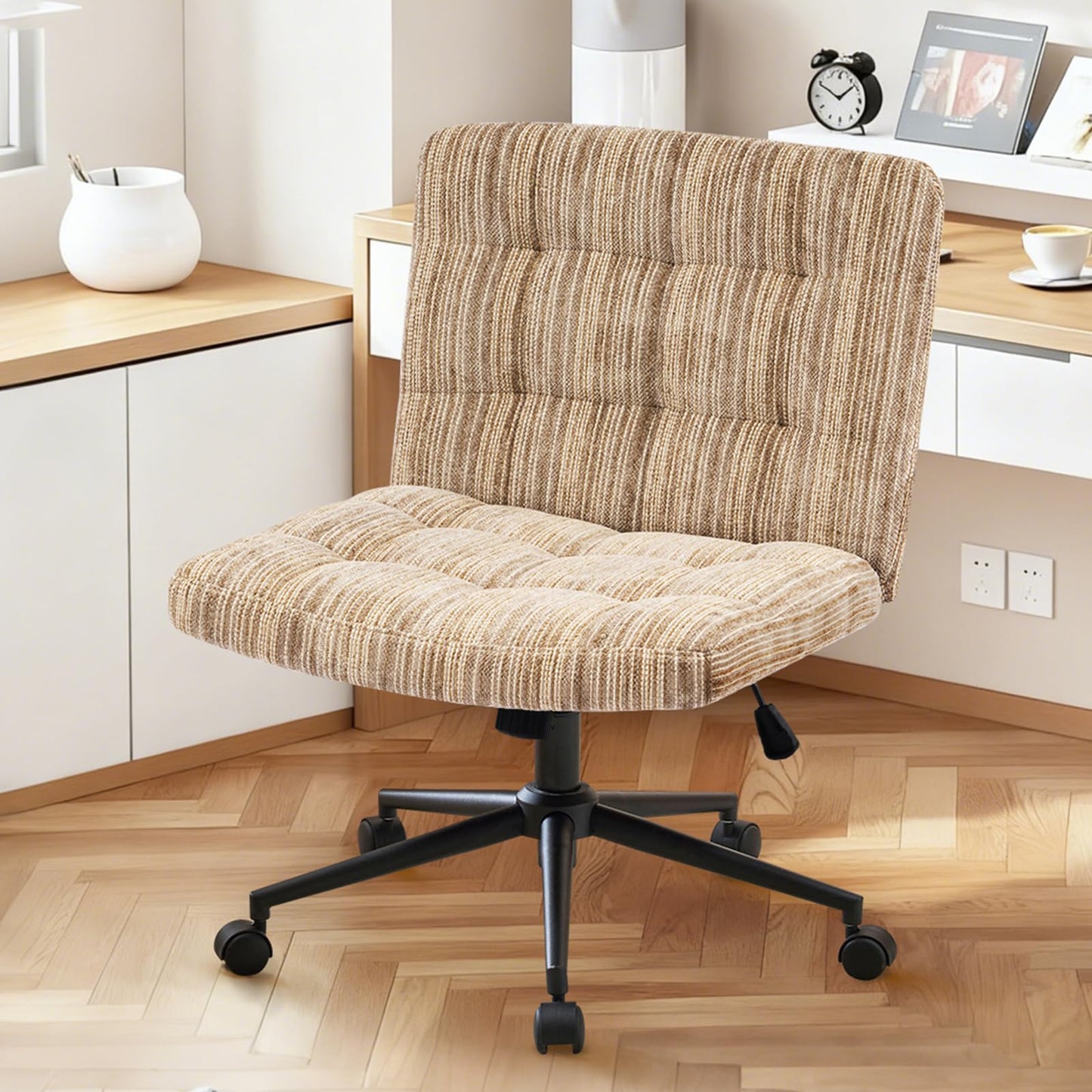 Furnimart 360° Swivel Criss Cross Desk Chair Extra-Thick Cushion, Premium Chenille Cross Legged Chair with Wide Seat & Wheels, Comfy Armless Home Office Chair for Bedroom, Vanity, Sturdy (Light Brown)