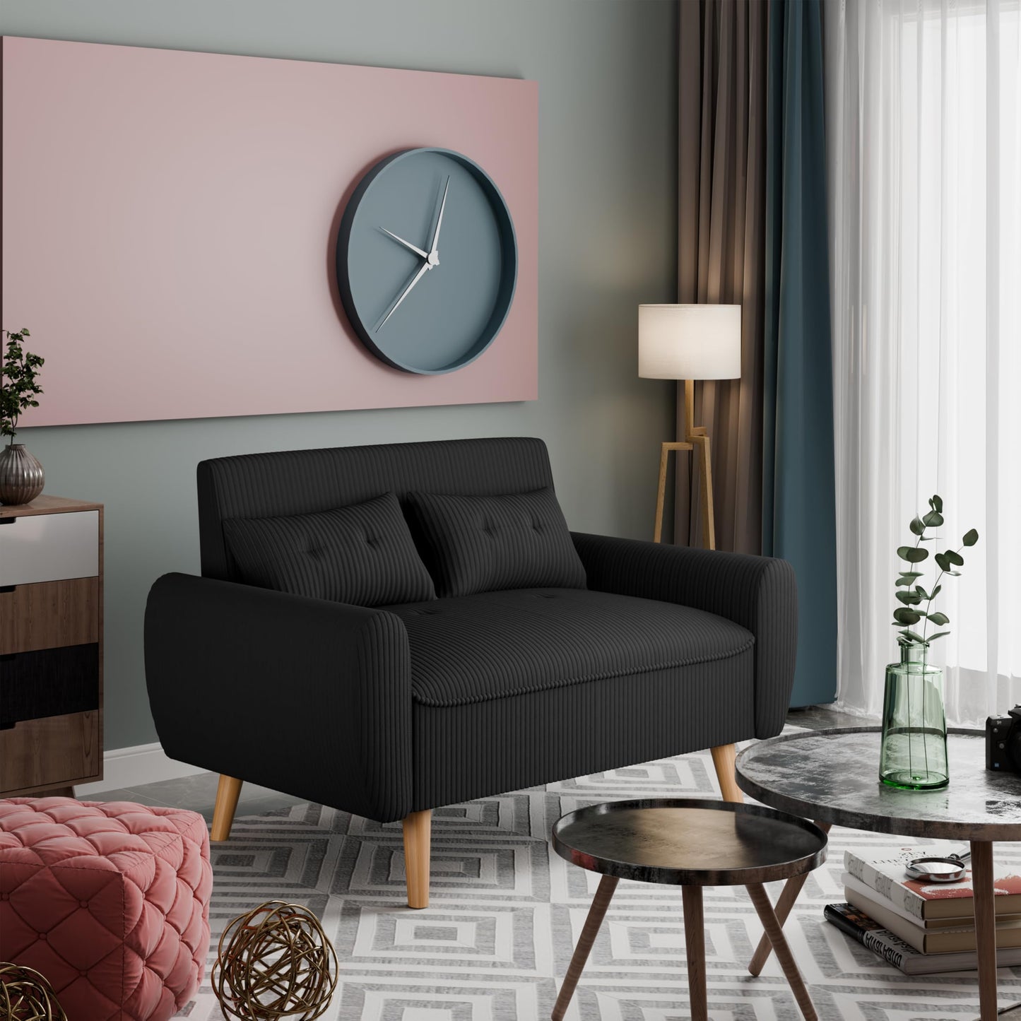 Vongrasig 48" Small Modern Loveseat Sofa, Mid Century Soft Corduroy Fabric 2-Seat Sofa Couch Tufted Love Seat with Back Cushions and Tapered Legs for Living Room, Bedroom and Small Space (Black)