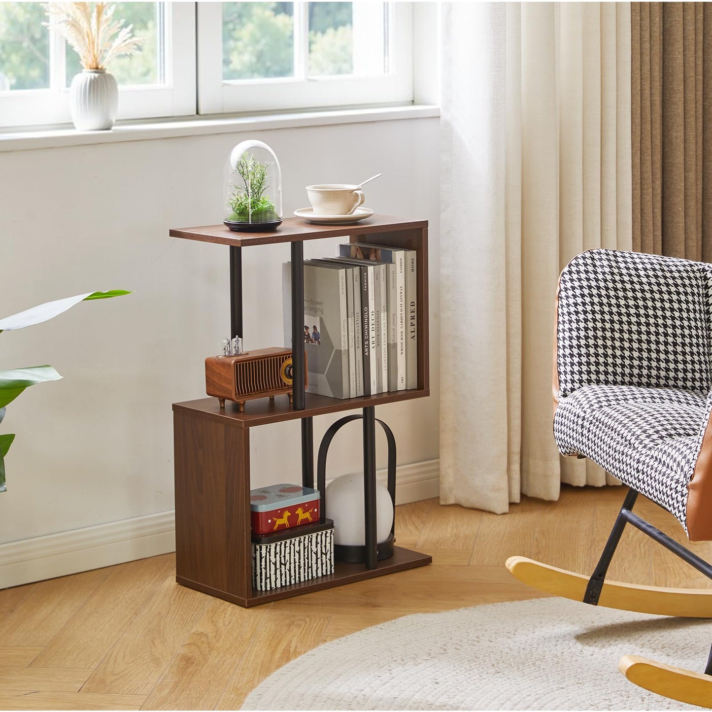 Aibiju S-Shaped Side Table, 3-Tier End Table with Open Storage Shelves, Non-Slip Feet, Modern Style Nightstand, Narrow Side Table for Small Space Living Room Bedroom Light Walnut YD-ST003LW
