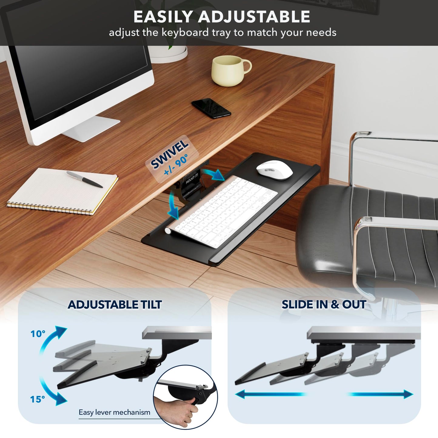 Mount-It! Under Desk Keyboard Tray, Adjustable Slide-Out Keyboard & Mouse Platform, 26.38" W × 10" D, Ergonomic Wrist Rest, Height Tilt & Swivel, Heavy-Duty Bolt-On Keyboard Drawer for Home Office