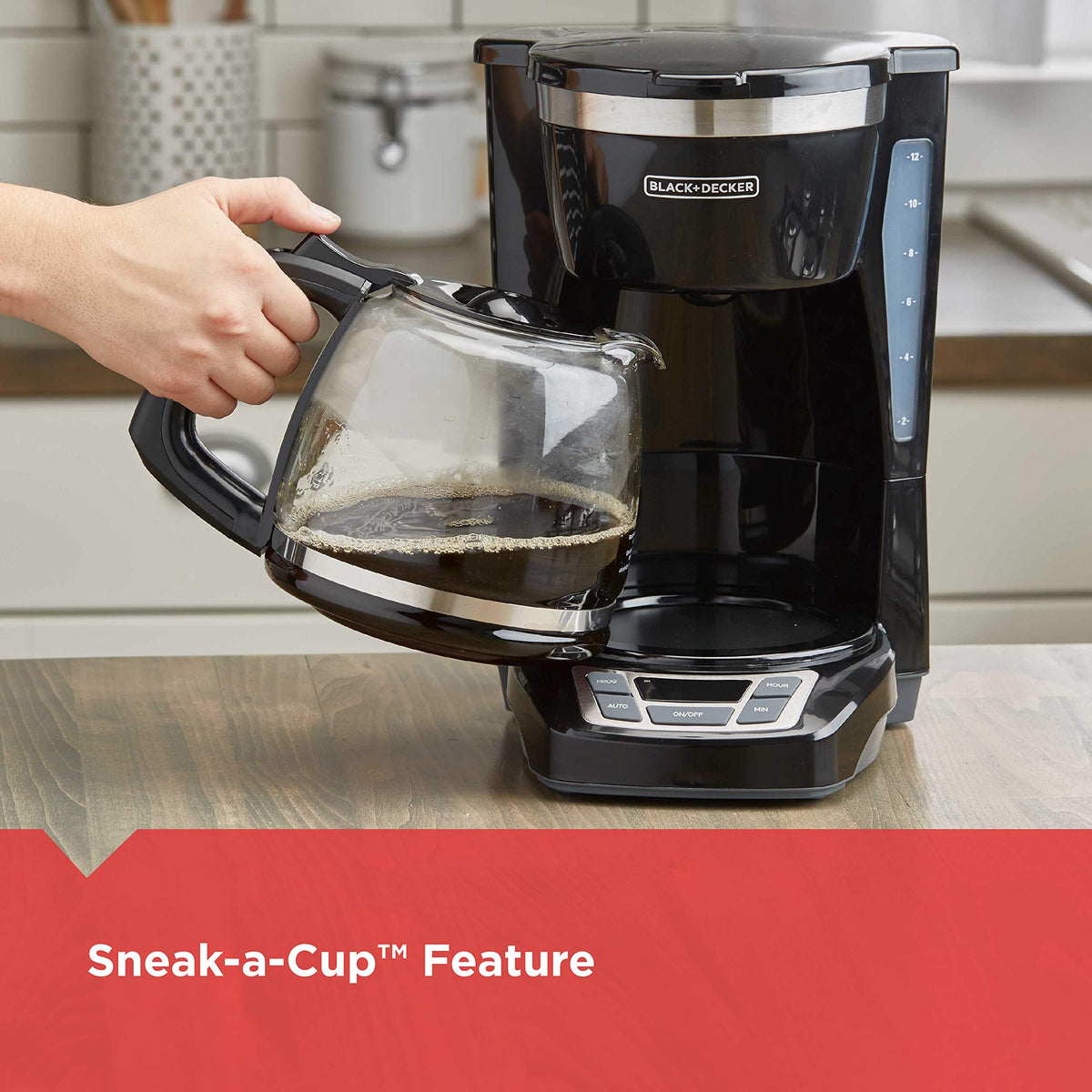 BLACK+DECKER 12-Cup Digital Coffee Maker, Programmable, Washable Basket Filter, Sneak-A-Cup, Auto Brew, Water Window, Keep Hot Plate, Black