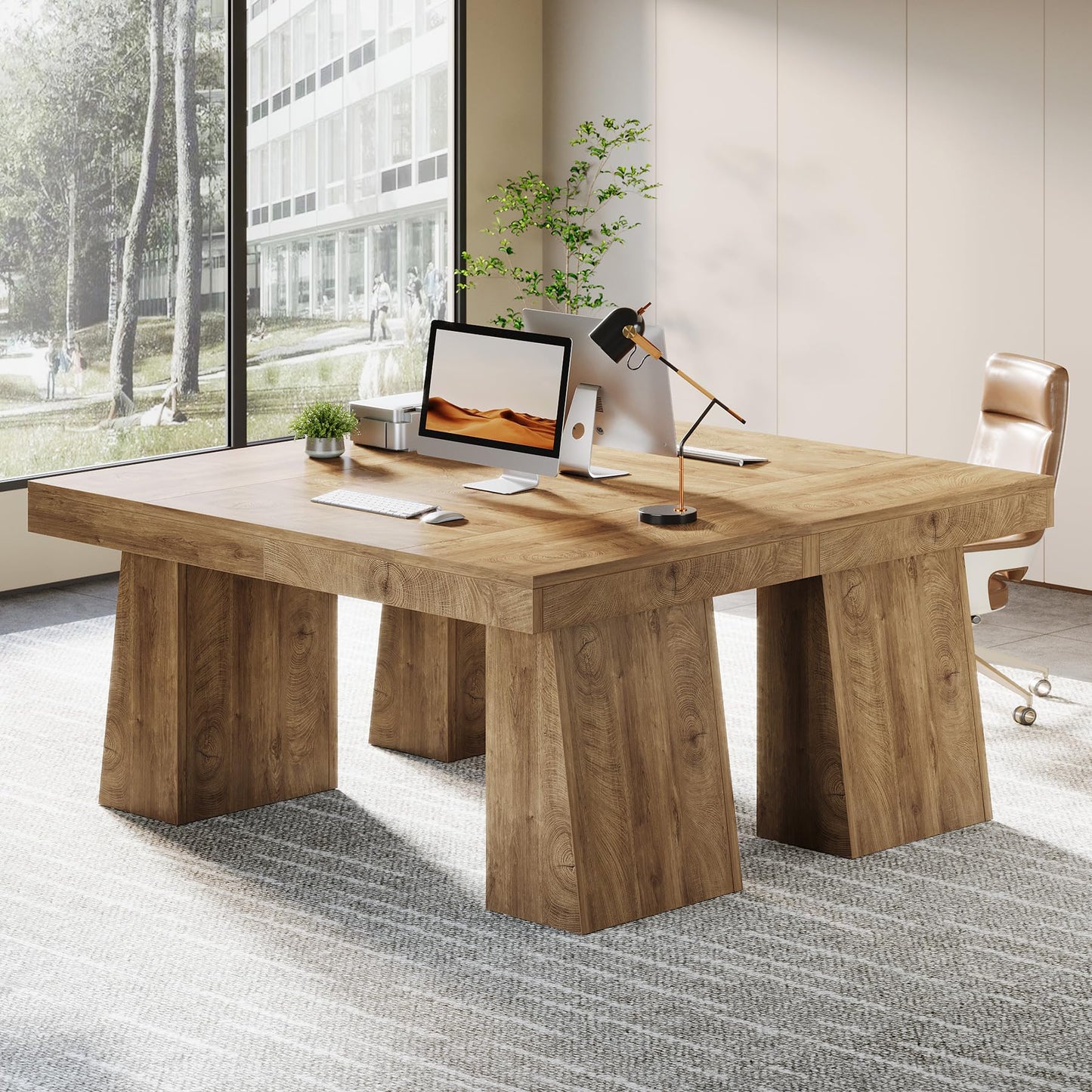 Tribesigns 55-Inch Executive Desk, Thick Wood Office Computer Desk with Double Pedestal, Modern Minimalist Workstations Writing Table Conference Table Furniture for Home Office, Light Brown