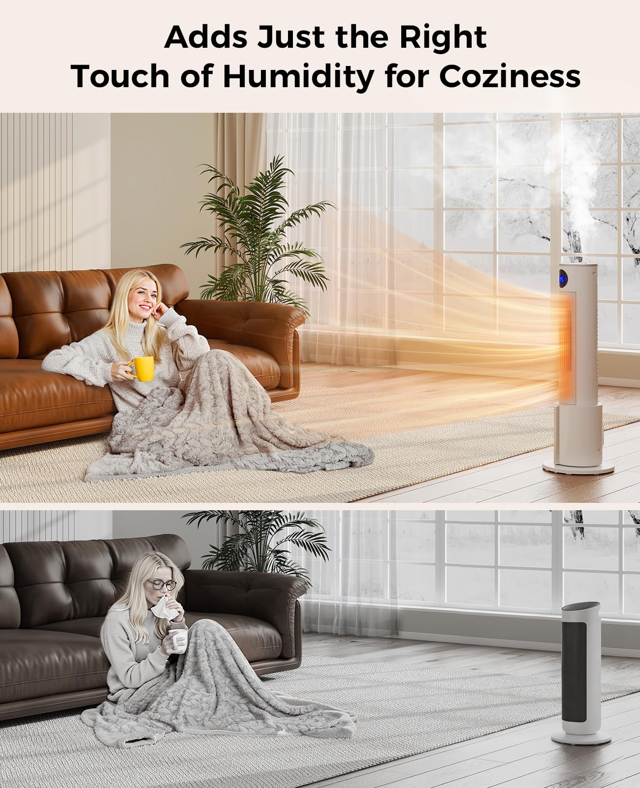 Oylus Space Heater with Humidifier - Portable Tower Heaters for Indoor Use, Remote, Adjustable Thermostat, 3 Heat Modes, Multiple Safety Protection, 12H Timer, Quiet Electric Heater for Bedroom