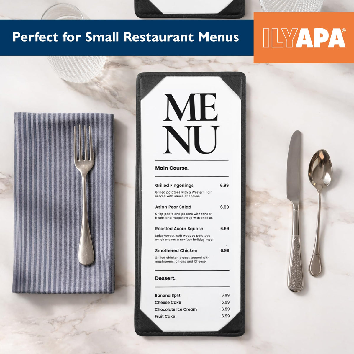 Ilyapa 5 Pack Restaurant Menu Covers 4.25 x 11 - Vinyl Leather Menu Holder, Single Sided Book with Corner Sleeves for Display of Wedding Menus, Weekly Kitchen Specials & Bar Drinks for Table Top