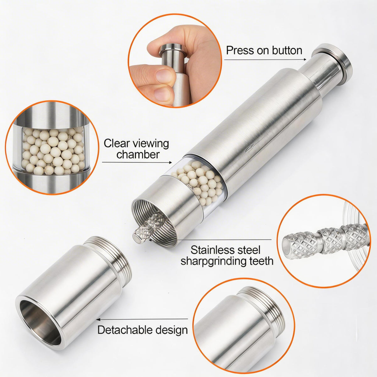 Keeshibao 2-PCS Stainless Steel Pepper Grinder, Salt and Pepper Grinder Set，Manual Push Button Black Pepper Grinder, Small Salt Grinder Refillable for Salt Spices,use for Kitchen Travel Camping