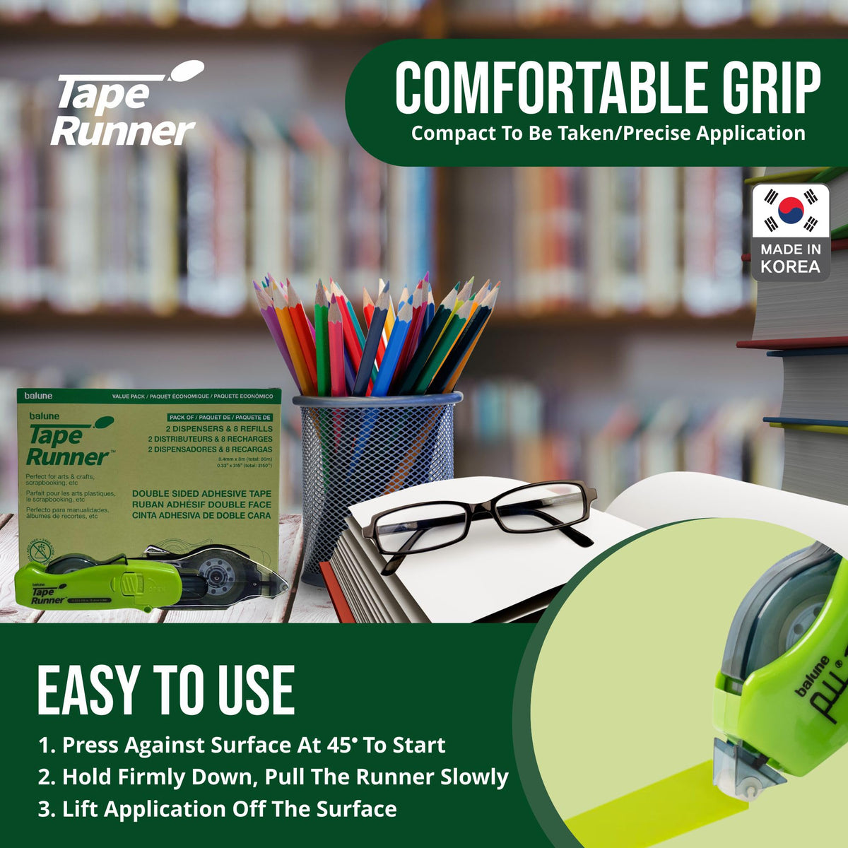 Double Sided Tape with Retractable Dispenser Roller - Permanent, Acid Free, Transparent - 2 Runners & 8 Refill Cartridges - Ideal Scrapbook Supplies & Scrapbooking Supplies Kit - 315 Inches Each