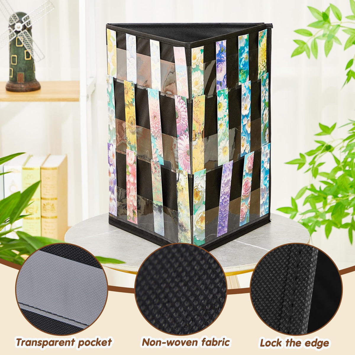 Faccito Bookmark Display Stand, Three-Sided Portable Holder with Multi-View Display, Black Desktop Rack for Bookmarks, Valentine-Themed Designs, Vendor Booths, Retail Stores