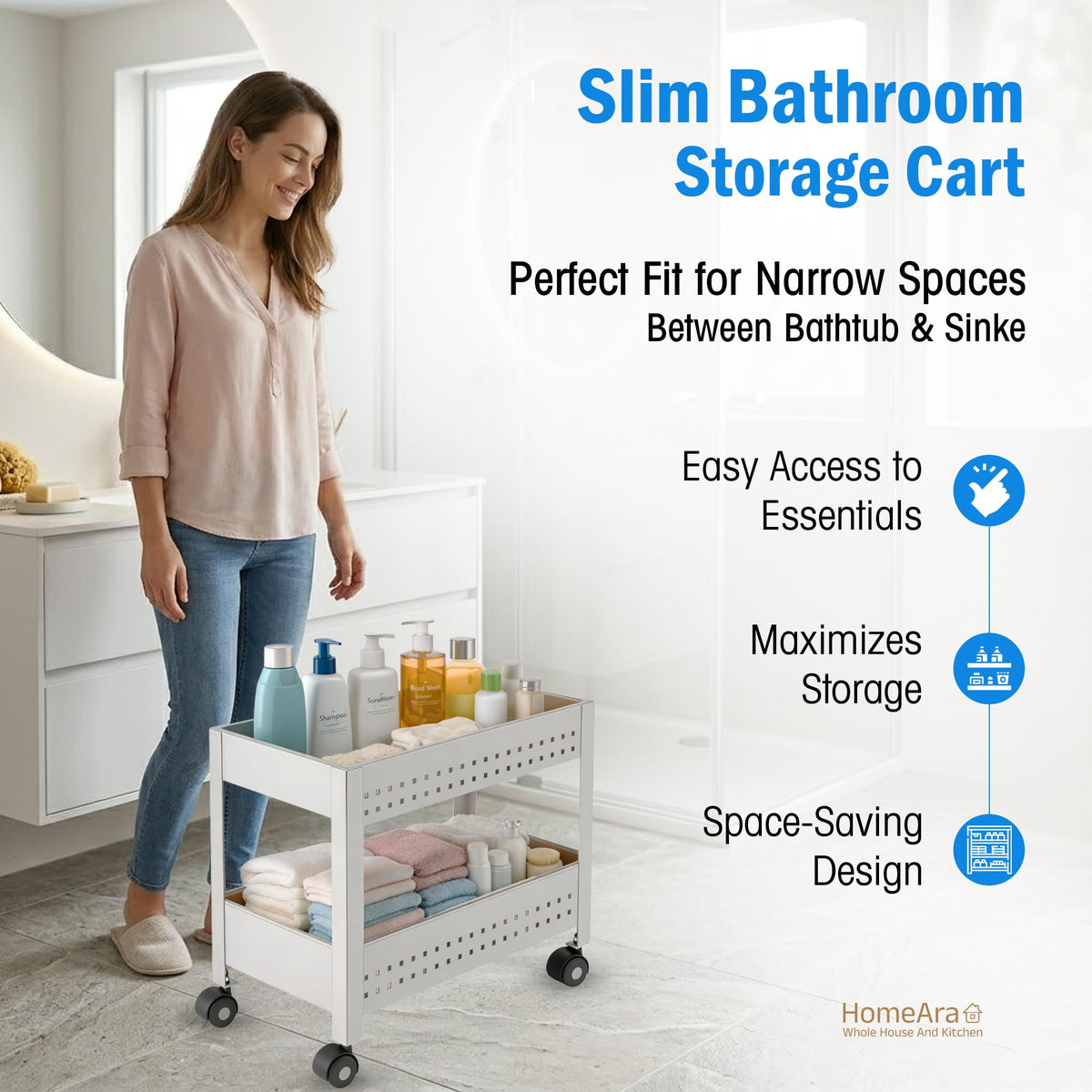 HomeAra 2-Tier Rolling Utility Cart with Wheel, Metal Storage Trolley Organizer for Kitchen, Office, Portable Multi Purpose Storage Rack Shelf, Movable Kitchen Pantry Laundry Organizer Cart, Silver