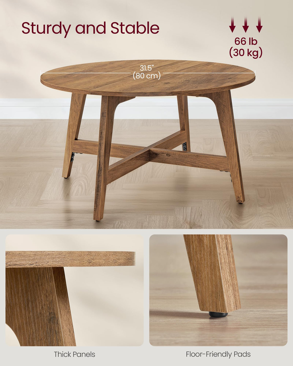 VASAGLE MAEZO Collection - Round Coffee Table, 31.5-Inch Center Table, Tapered Legs, Curved Transitions, Easy to Assemble, for Living Room, Honey Brown ULCT251KB01S