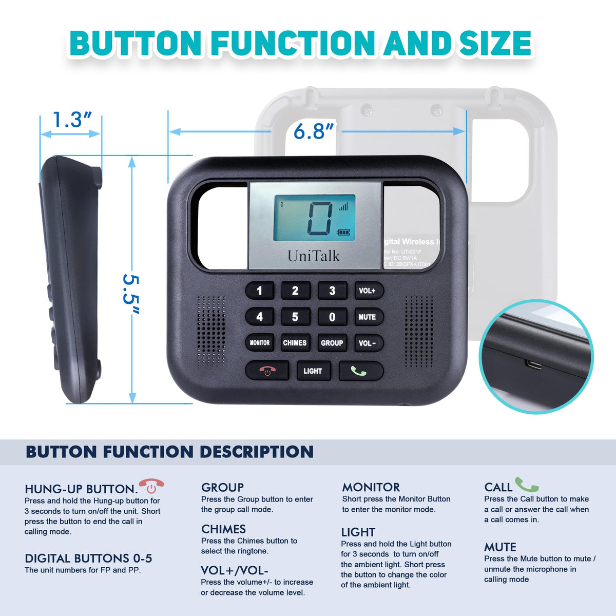 UniTalk Wireless Intercoms for Home & Office, Two-Way Real-time Full-Duplex Voice System with Offline Voice Control,Group Call & Monitor Function, Clear Sound, Long Range Up to 1/4 Mile (UT-001-1F1P)