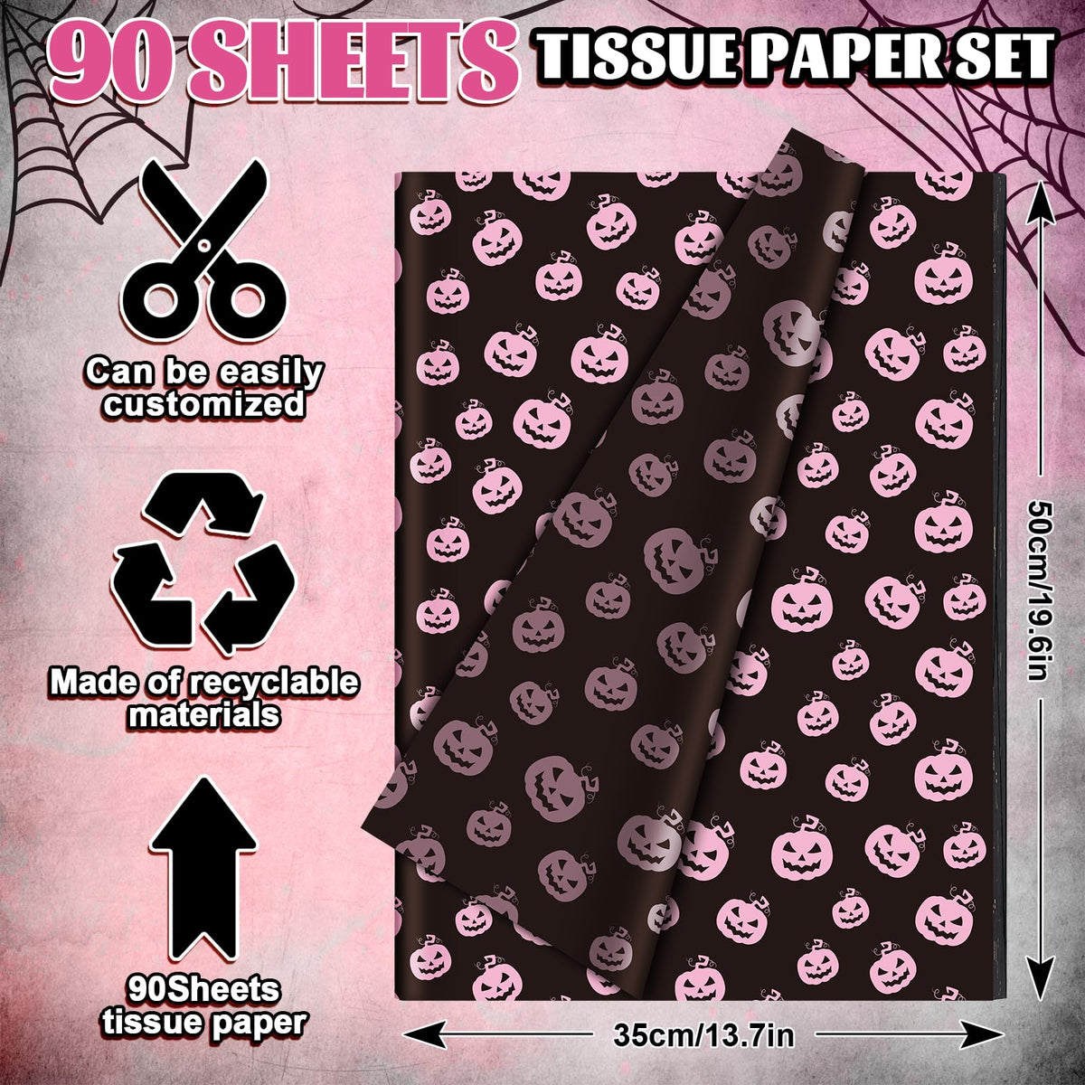 Whaline 90 Sheets Halloween Tissue Paper Pink Black Pumpkin Bat Spiderweb Gift Wrapping Paper for DIY Art Craft Halloween Birthday Baby Shower Party Supplies, 13.7 x 19.6 Inch