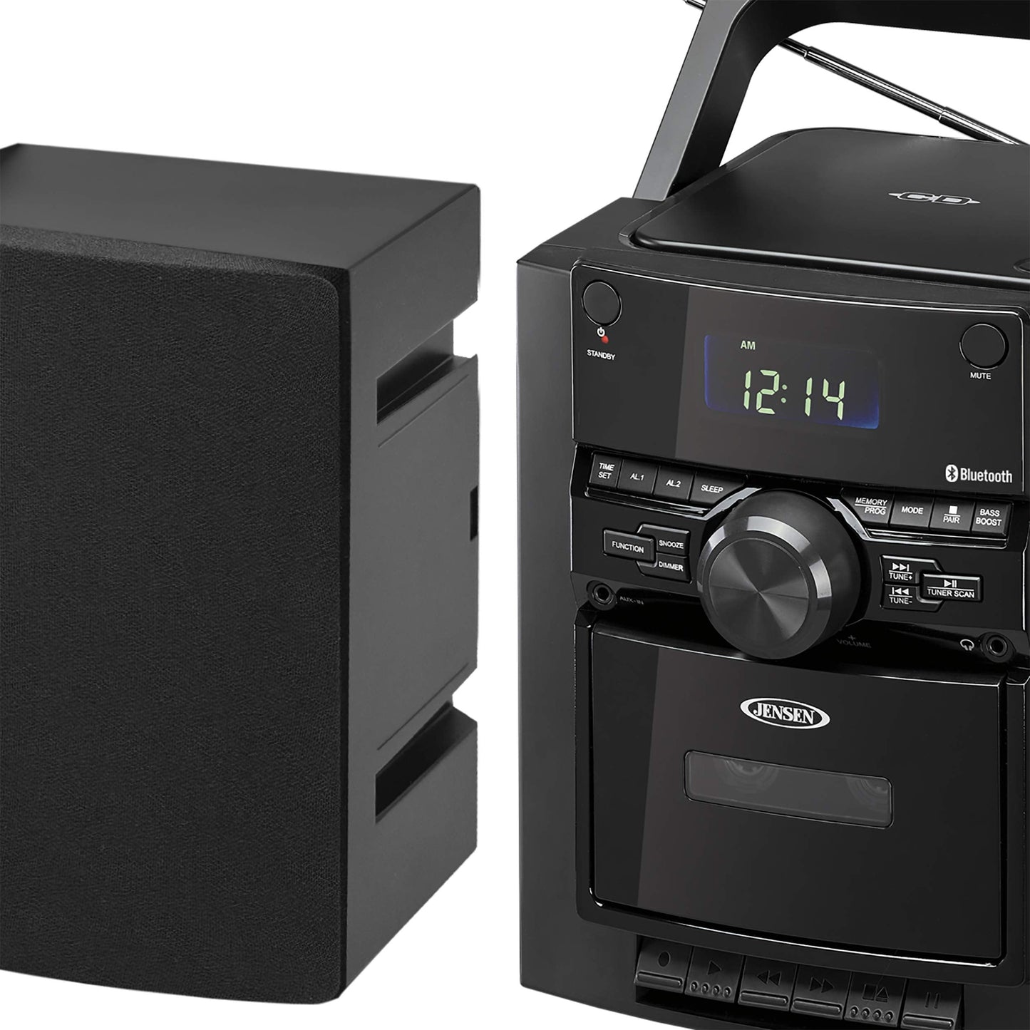 JENSEN 10-Watt Portable Bluetooth Home Stereo System with Detachable Speakers, CD/Cassette Players, AM/FM Radio, Alarm Clock, and Remote (CD-785)