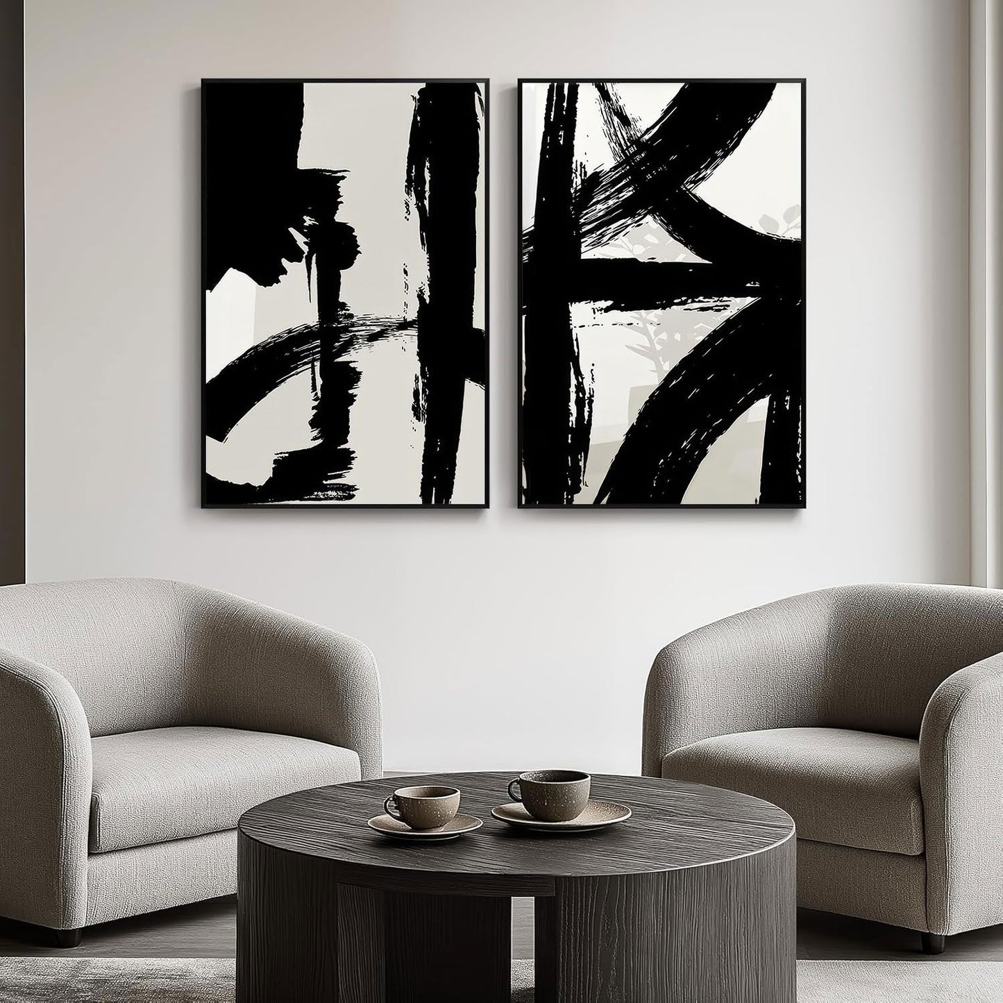 Set of 2 Framed Black and White Brush Stroke Canvas Wall Art Modern Abstract Minimalist Ink Line Painting Retro Mid-Century Geometric Poster Prints for Office Home Decor (12inx16in Framed)