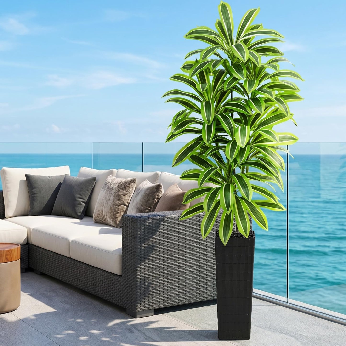 Artifical Yellow Dracaena Tree Indoor, 7FT Tall Fake Floor Plants with Black Planter & Pebbles, Fuax Silk Yucca Tree for Home Office Living Room Bedroom Farmhouse Modern Outdoor Topiary Tree