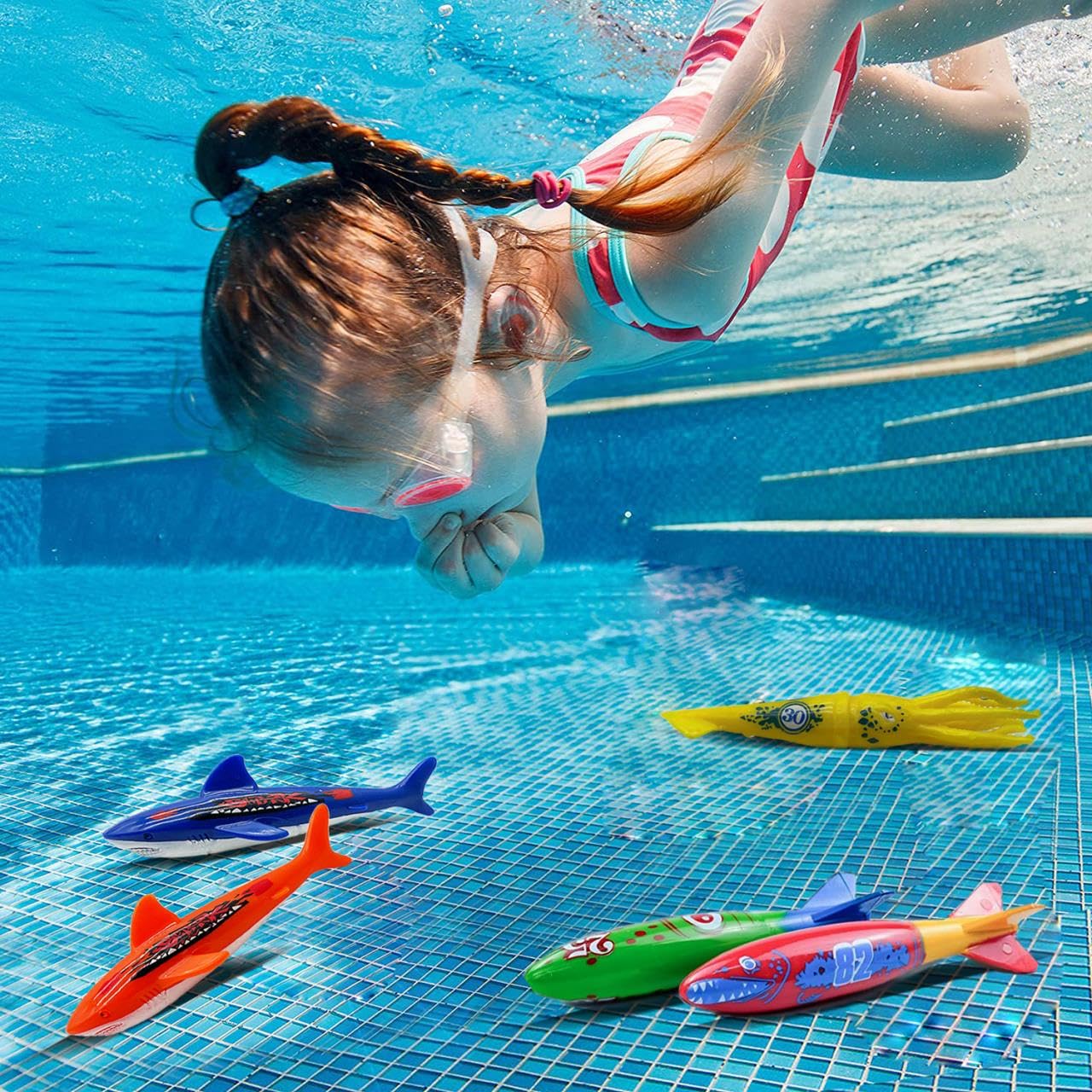 Haktoys Pool Diving Torpedo Toy Set – Underwater Shark Torpedoes, Squid Dive Toys & Swim Training Sinkers for Kids – Fun Summer Swimming Pool Toys for Boys & Girls, Indoor & Outdoor Water Games