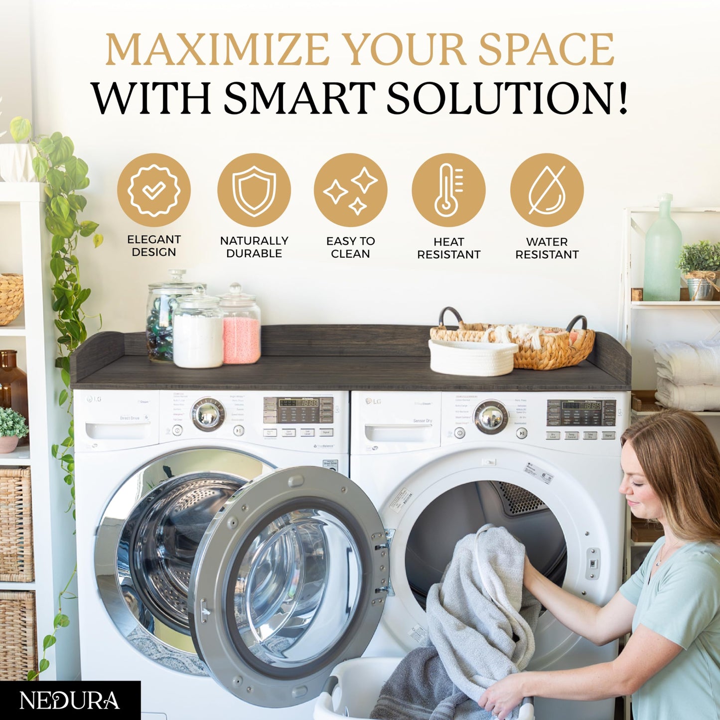 Nedura Washer Dryer Countertop w/Anti-Vibration Pads & Curved Edge Rails, Premium Bamboo Laundry Countertop, Washer Dryer Topper, Laundry Room Organization, Laundry Room Accessory - Espresso