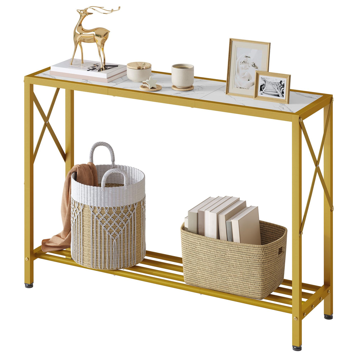 Tajsoon Entryway Table 41.8”, 2-Tier Entry Way Console Entrance Table, Narrow Sofa Table with Shelves, Ideal for Hallway, Entryway, Living Room, Foyer, Corridor, and Office (Gold & White)