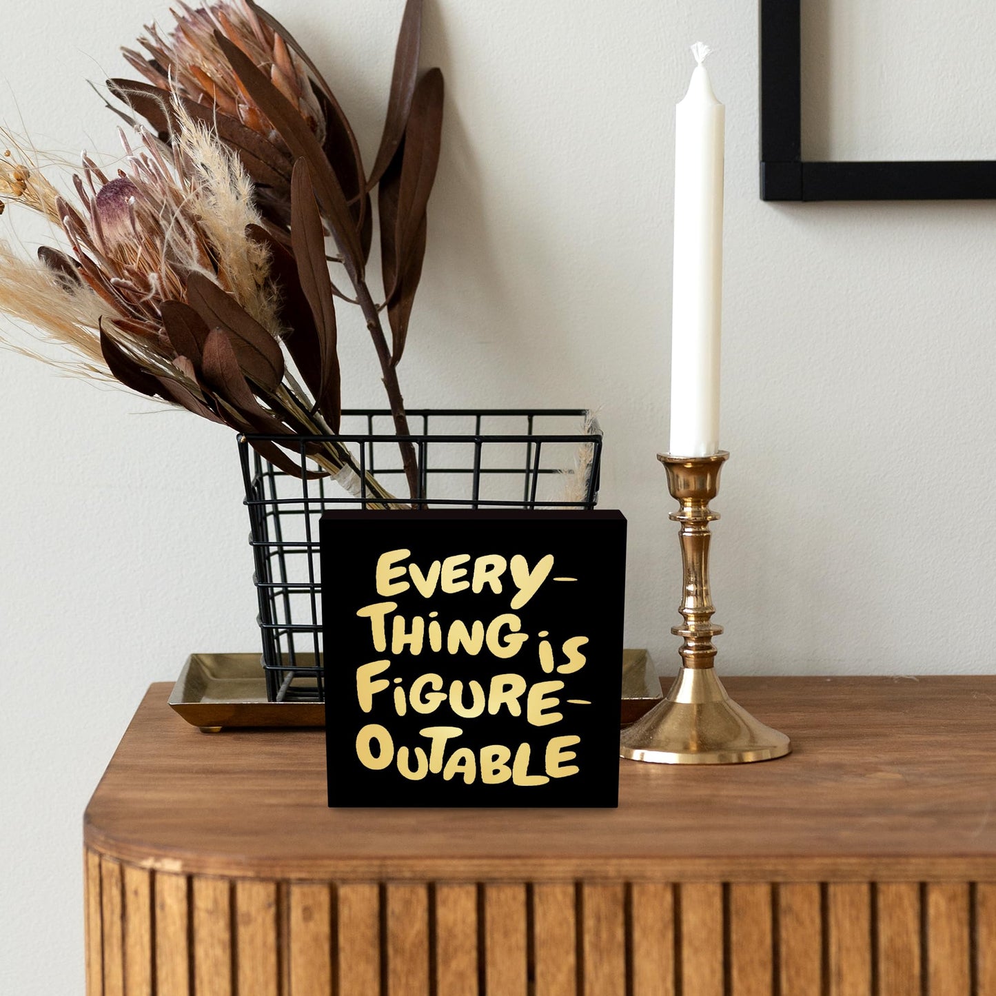 CUANFDDSF Inspirational Black Gold Office Decor, Every Thing is Figure Outable Motivational Office Accessories Wooden Box Sign, Inspirational Gifts for Women, Men Wall Desk Shelf Tabletop Decoration