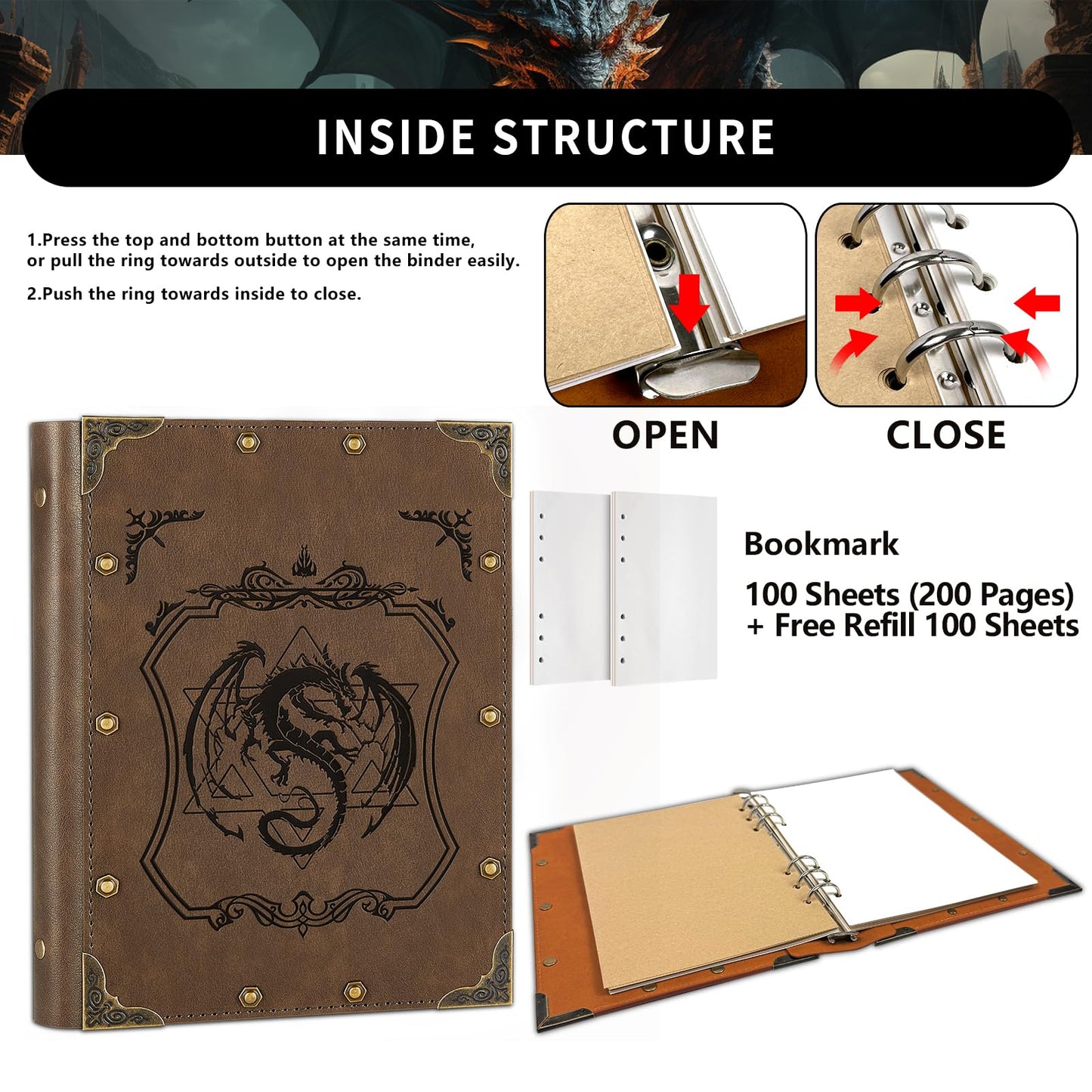 DUROTAN DND Notebook Journal Refillable Binder A5 400 Pages for Dungeons and Dragons Accessories D&D Gifts,Writing Notebook Gift for Men&Women