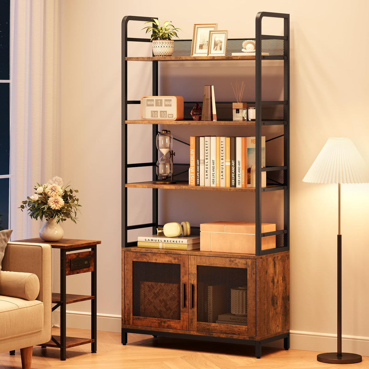 GarveeHome Bookshelf with Doors Industrial Bookcase with 4 Tiers Open Storage Shelf 70.87 in Tall Bookshelves Rustic Display Rack Cabinet for Bedroom, Living Room, Home Office, Brown