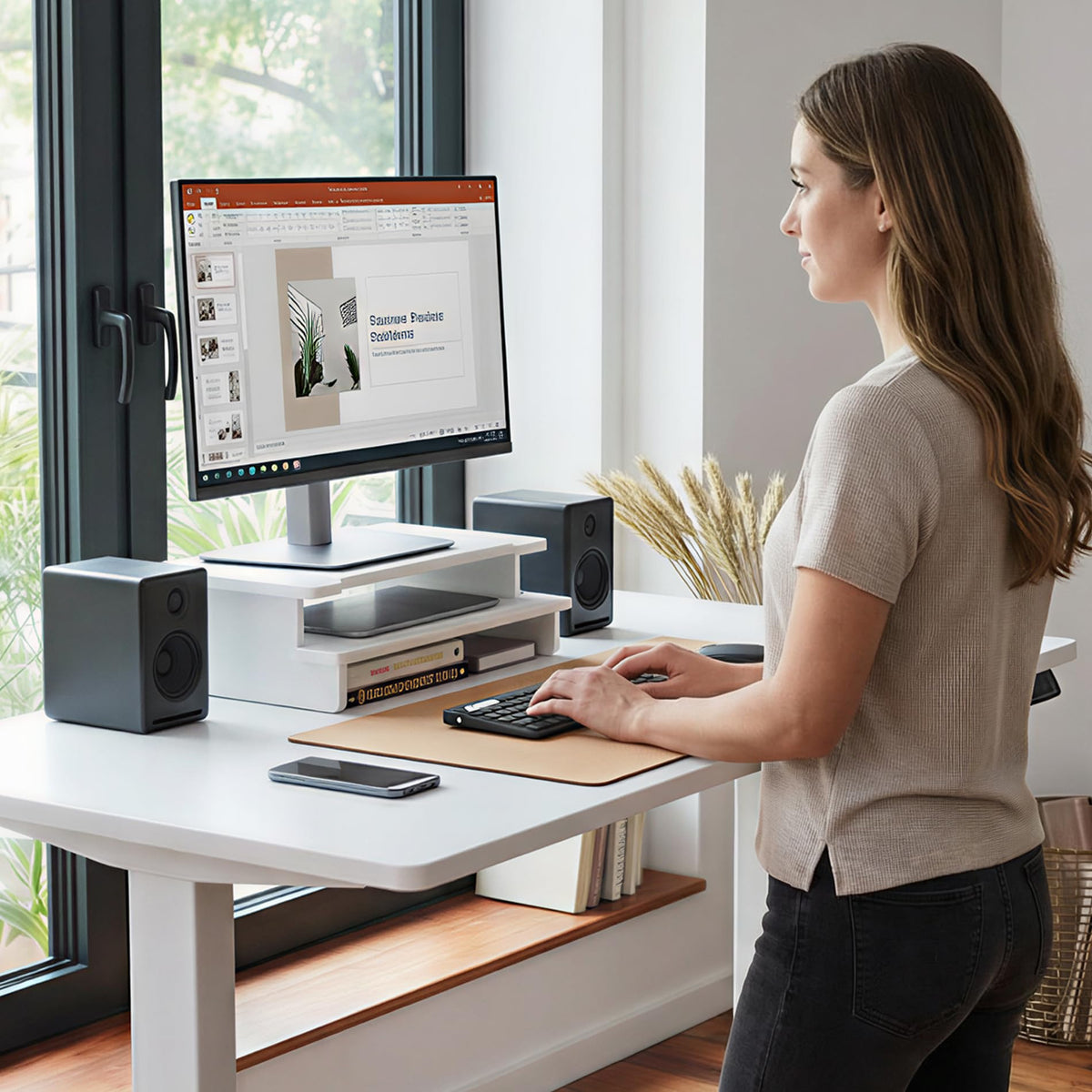 WELL WENG Computer Monitor Stand Riser, 16.5 Inch Wood Desk Shelf Storage Organizer with Phone Tablet Holder, White